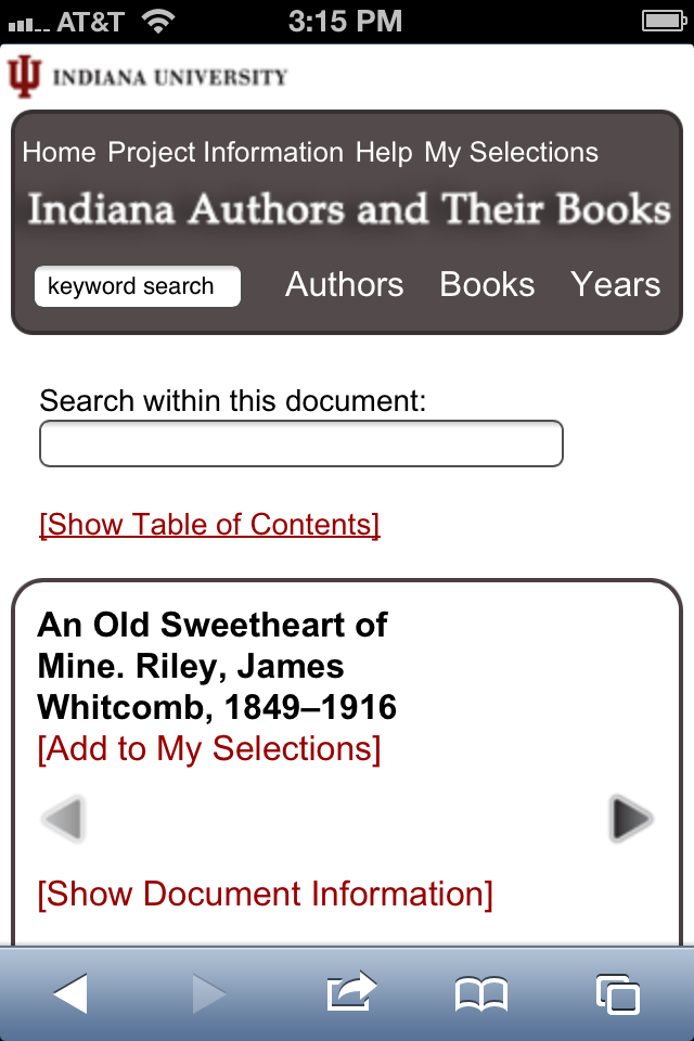 Indiana Authors mobile interface screen shot