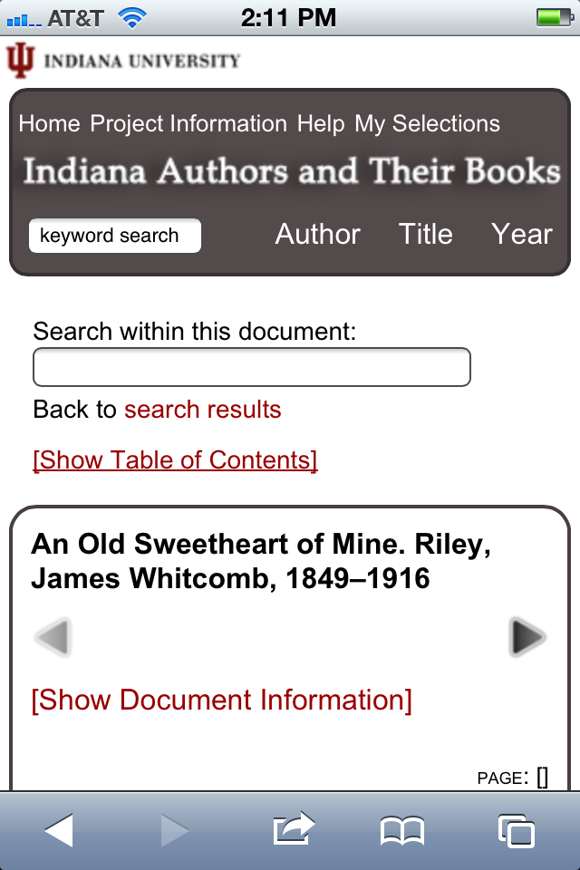 Indiana Authors mobile interface screen shot